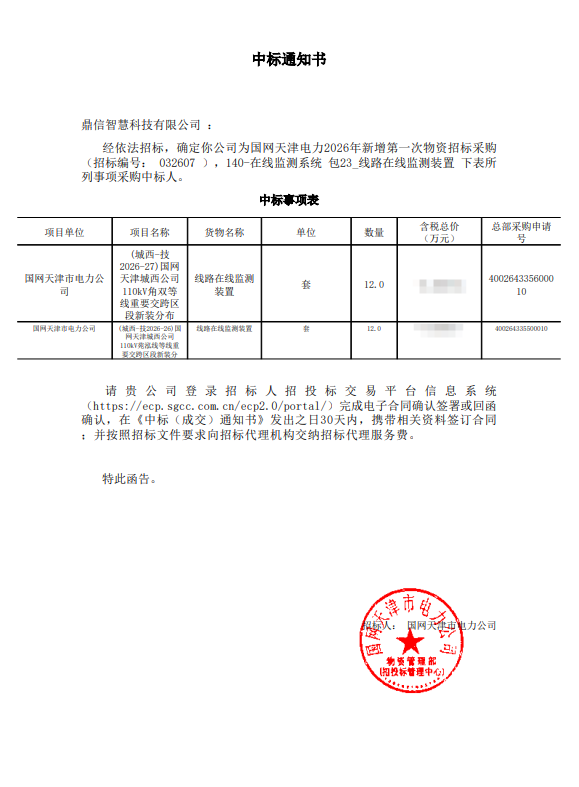 2026年03月14日 成功中標為國網天津市電力公司采購項目 線路在線監測裝置